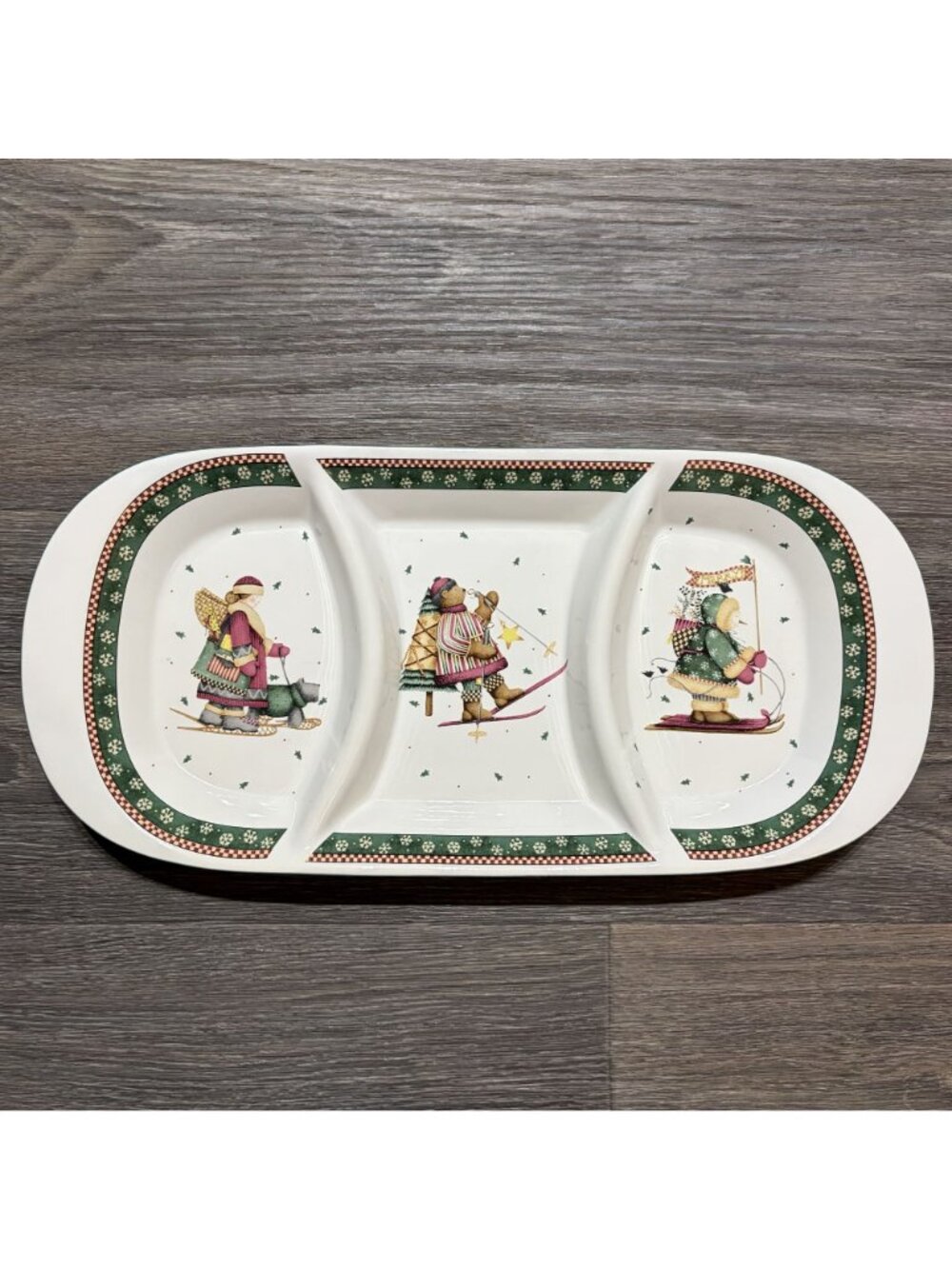 Sakura Debbie Mumm Sledding Snowman Bear 3 Part Relish Dish Christmas Platter - Picture 14 of 14